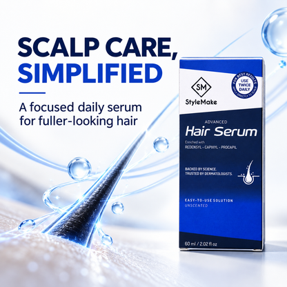 StyleMake Advanced Hair Serum box shown on a clean white-to-blue promotional background with large text reading 'SCALP CARE, SIMPLIFIED' and a hair fiber graphic. How to use: StyleMake Advanced Hair Serum application guide: apply 1–2 ml to a clean, dry scalp, massage gently and leave in twice daily.