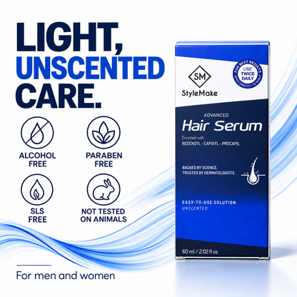 StyleMake Advanced Hair Serum box in blue and white packaging, shown on a clean white background with marketing text reading 'LIGHT, UNSCENTED CARE.' and feature icons for alcohol-free, paraben-free, SLS-free, and not tested on animals. Formula features: StyleMake Advanced Hair Serum for men and women, highlighting its unscented, alcohol-free, paraben-free and SLS-free formula.