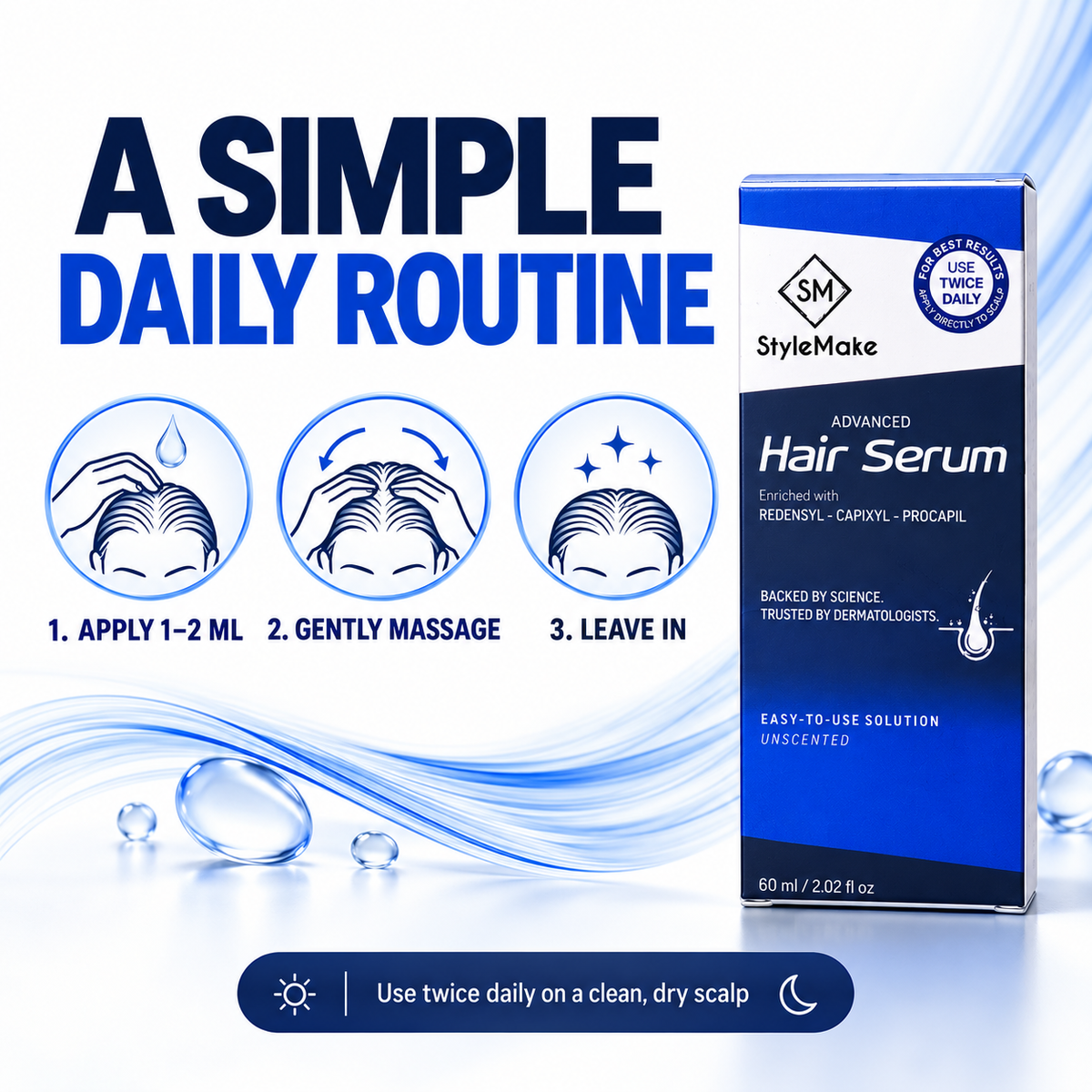 StyleMake Advanced Hair Serum packaging box shown on a clean white-to-blue promotional background with large text reading 'A SIMPLE DAILY ROUTINE' and three illustrated application steps.