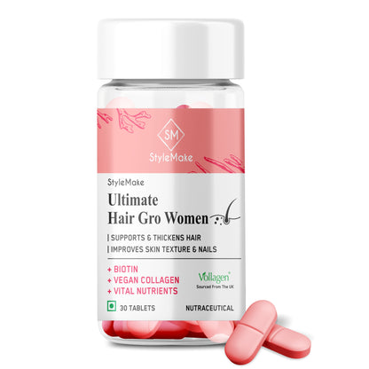 StyleMake Ultimate Hair Gro Women supplement facts with biotin iron zinc selenium and vegan collagen