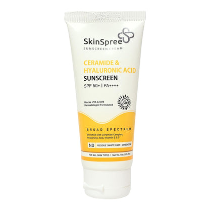 SkinSpree Sunscreen SPF 50+ & PA++++ for UVA, UVB and Blue Light Protection| Non Comedogenic | No White Cast | Lightweight cream formula for men and women | 50gm